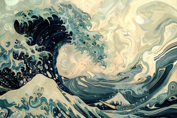 Wall Mural - A painting depicting a powerful and swirling wave in the ocean, A surreal interpretation of the cycle of growth and healing