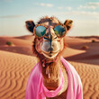 © Tinkerbell - Close-up portrait of camel wearing sunglasses in the desert