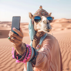 Wall Mural - Close-up portrait of camel wearing sunglasses and taking selfie in the desert