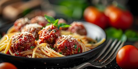 Wall Mural - Authentic and Delicious Homemade Spaghetti Meatballs with Grated Parmesan Cheese. Concept Italian Cuisine, Homemade Cooking, Spaghetti Meatballs, Parmesan Cheese, Comfort Food