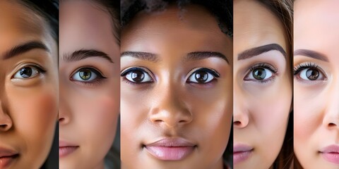 Diverse Collage of Women's Portraits Celebrating Various Ethnicities, Skin Tones, and Eye Alignments. Concept Diverse Women's Portraits, Ethnic Representations, Skin Tones, Eye Alignments