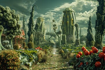 Poster - A dense green forest bursting with a variety of plants and vegetation, A surreal landscape depicting a plant-based lifestyle