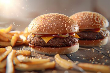 Poster - Two hamburgers and french fries served on a wooden table, perfect for casual dining or outdoor gatherings