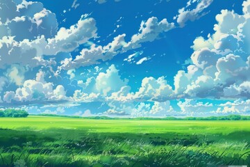 Beautiful anime-style sky with white clouds over green grass field. Peaceful landscape illustration perfect for backgrounds, wallpapers, and artwork.