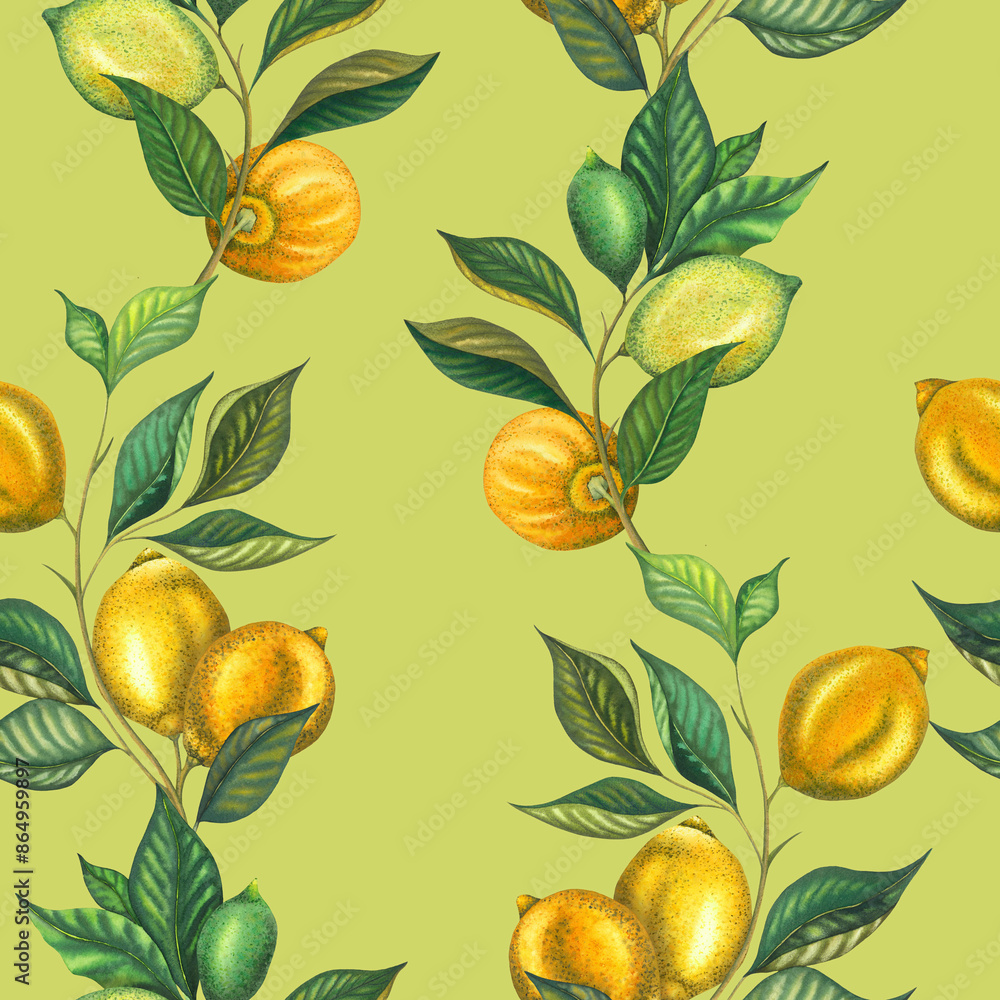 Watercolor seamless pattern with lemon branches and lime branch with ...