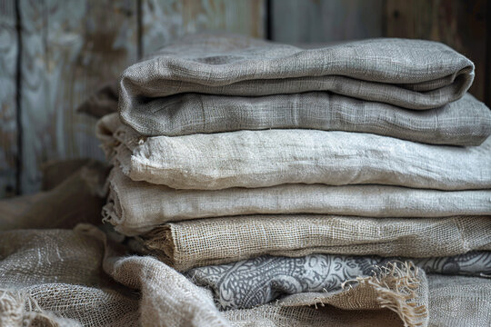 Linen scraps of fabric in a stack on a wooden table. The trend is for authenticity and naturalness.