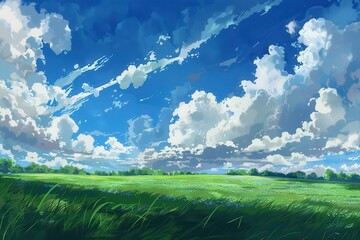 Beautiful green grassy field and blue sky with white fluffy clouds. Digital painting of a peaceful summer meadow landscape with a clear sky, perfect for background and wallpaper.