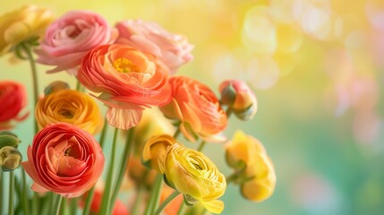 Wall Mural - red and yellow ranunculus flowers on blurry green background