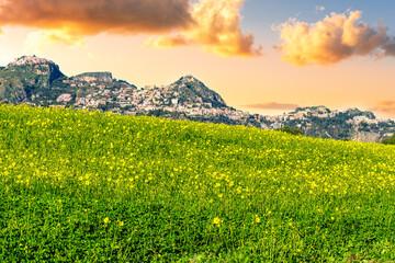 Wall Mural - spring green valley with yellow flower field on foreground and beautiful mountains with blue amazing sky on background