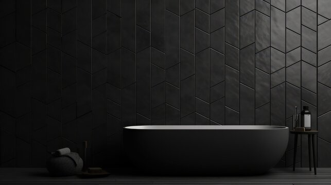 Modern Minimalist Bathroom with Black Tiles and a Freestanding Tub