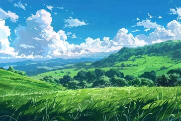 Beautiful landscape of green rolling hills under a blue sky with white clouds.  Illustration of a picturesque countryside with lush grass.