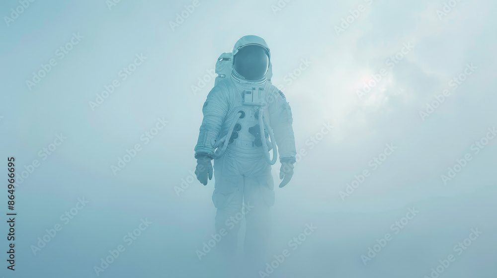 An astronaut in a spacesuit walks on the surface of an unknown foggy ...