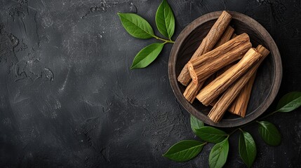 Poster - Wooden Sticks and Green Leaves on Black Background