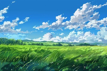 Grass Field landscape with blue sky and white cloud. Blue sky clouds sunny day wallpaper. Cartoon illustration of a Grass Field with blue sky in Summer. green field in a day.