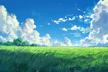 Grass Field landscape with blue sky and white cloud. Blue sky clouds sunny day wallpaper. Cartoon illustration of a Grass Field with blue sky in Summer. green field in a day.