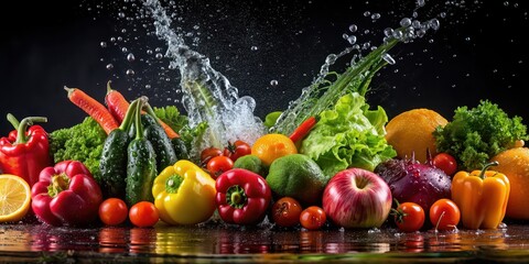 Wall Mural - Panoramic image of fresh vegetables, fruits, and water splashes on black background, fresh, assortment, produce, organic
