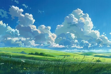 Wall Mural - Grass Field landscape with blue sky and white cloud. Blue sky clouds sunny day wallpaper. Cartoon illustration of a Grass Field with blue sky in Summer. green field in a day.