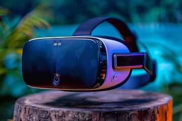 Poster - Close-up of a VR headset on a wooden stand, showcasing advanced virtual reality technology and sleek design in a contemporary setting.