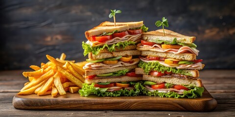 Canvas Print - Tall club sandwich stacked high with layers of meat, cheese, lettuce, and tomatoes served with crispy french fries, sandwich