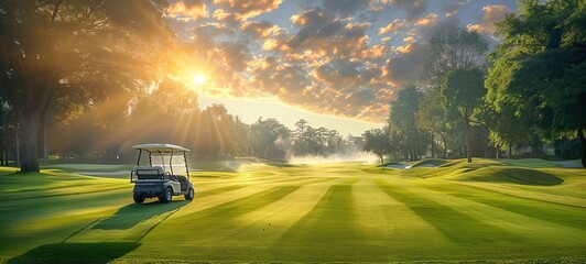 Wall Mural - Golf cart car on the fairway of a golf course with fresh green grass and a sky of clouds and trees