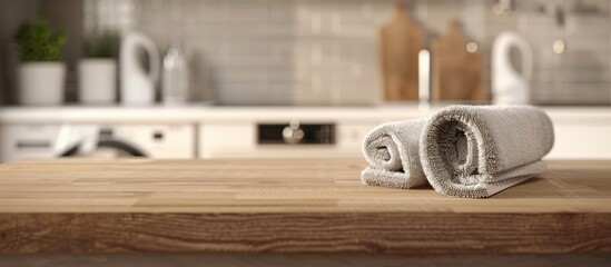 Wall Mural - Wooden board with towels on blurred background of washing machine in home laundry for product mounting and advertising.