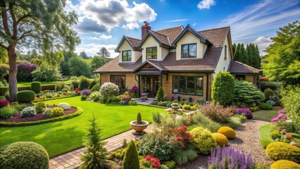 Wall Mural - House surrounded by lush garden with beautiful aesthetic design, home, garden, aesthetics, exterior, architecture