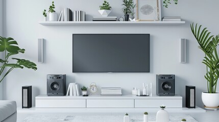 Poster - Minimalist modern white TV shelf with books , decorations and sound system. Rich vector graphic template
