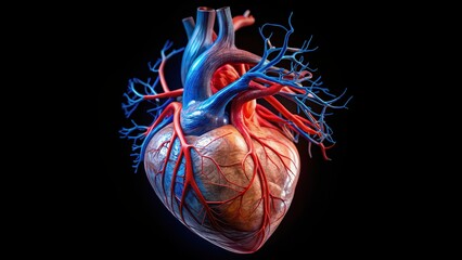 Sticker - of a human heart with blue and red veins and arteries on a black background, anatomy, medical, cardiology, healthcare