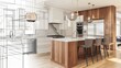 © MD Media - Modern kitchen with white marble wall panels and island bar, an interior design concept. Design plan mockup in white and color of luxury house