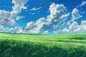 Stunning landscape painting of a vast green field and a bright blue sky with fluffy white clouds. Scenic nature artwork for desktop background and phone wallpaper.