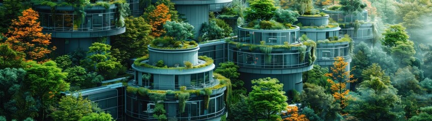 Wall Mural - Amidst thriving foliage, a futuristic biofuel facility with energy-efficient systems and green rooftops stands as a beacon of clean, renewable energy production.