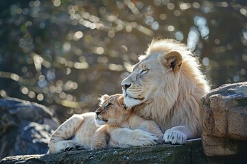 Sticker - A pair of lions reclining side by side on a large rock, A symbol of strength and companionship