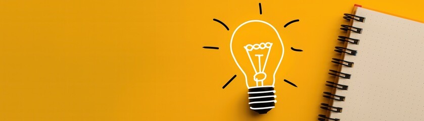 Wall Mural - Lightbulb Idea and Notebook on Yellow Background.