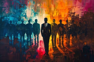 Wall Mural - A painting depicting a group of individuals standing in a straight line, A symbolic painting representing the concept of leadership and vision in a business context