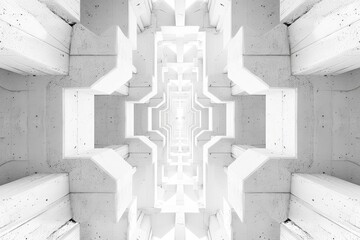 Wall Mural - Abstract view of a symmetrical white building structure, A symmetrical arrangement of white shapes creating a harmonious composition