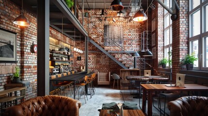 Wall Mural - Modern cafe design interior with a brick wall. Loft design