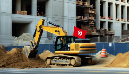 Wall Mural - Yellow excavator at a construction site, proudly displaying the Tunisia flag, represents hard work and national pride