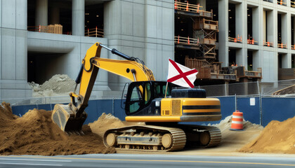 Wall Mural - Yellow excavator at a construction site, proudly displaying the Alabama flag, represents hard work and national pride