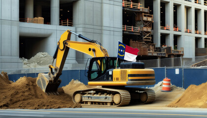 Wall Mural - Yellow excavator at a construction site, proudly displaying the North Carolina flag, represents hard work and national pride