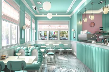 Wall Mural - A stylish, modern diner interior with light blue and white color scheme