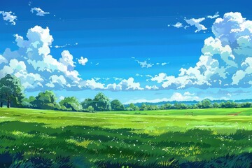 Wall Mural - grass field landscape with blue sky and white cloud. blue sky clouds sunny day wallpaper. cartoon il