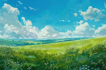 Grass Field landscape with blue sky and white cloud. Blue sky clouds sunny day wallpaper. Cartoon illustration of a Grass Field with blue sky in Summer. green field in a day.