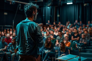 Poster - A man stands at a podium addressing a crowd with passion, A teacher giving a passionate speech in front of a school assembly