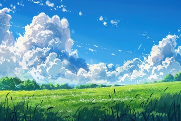 Wall Mural - grass field landscape with blue sky and white cloud. blue sky clouds sunny day wallpaper. cartoon il