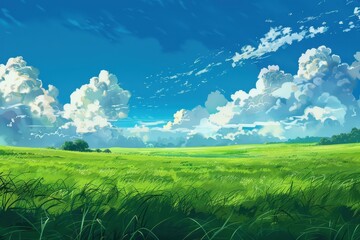 Wall Mural - grass field landscape with blue sky and white cloud. blue sky clouds sunny day wallpaper. cartoon il
