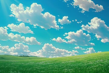 Wall Mural - grass field landscape with blue sky and white cloud. blue sky clouds sunny day wallpaper. cartoon il