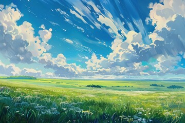 Wall Mural - Grass Field landscape with blue sky and white cloud. Blue sky clouds sunny day wallpaper. Cartoon illustration of a Grass Field with blue sky in Summer. green field in a day.