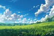 © jokerhitam289 - Tranquil field landscape with lush green grass, white clouds, and a bright blue sky. Peaceful countryside scenery for desktop or mobile wallpaper, nature backgrounds, and more.