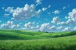 © jokerhitam289 - Green grassy field with rolling hills and a beautiful blue sky with white clouds. Tranquil nature landscape with vibrant colors. Concept of peace, tranquility, relaxation, and natural beauty.