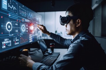 Sticker - Man using VR headset in a high-tech office, showcasing advanced virtual reality technology for productivity and immersive digital experiences.